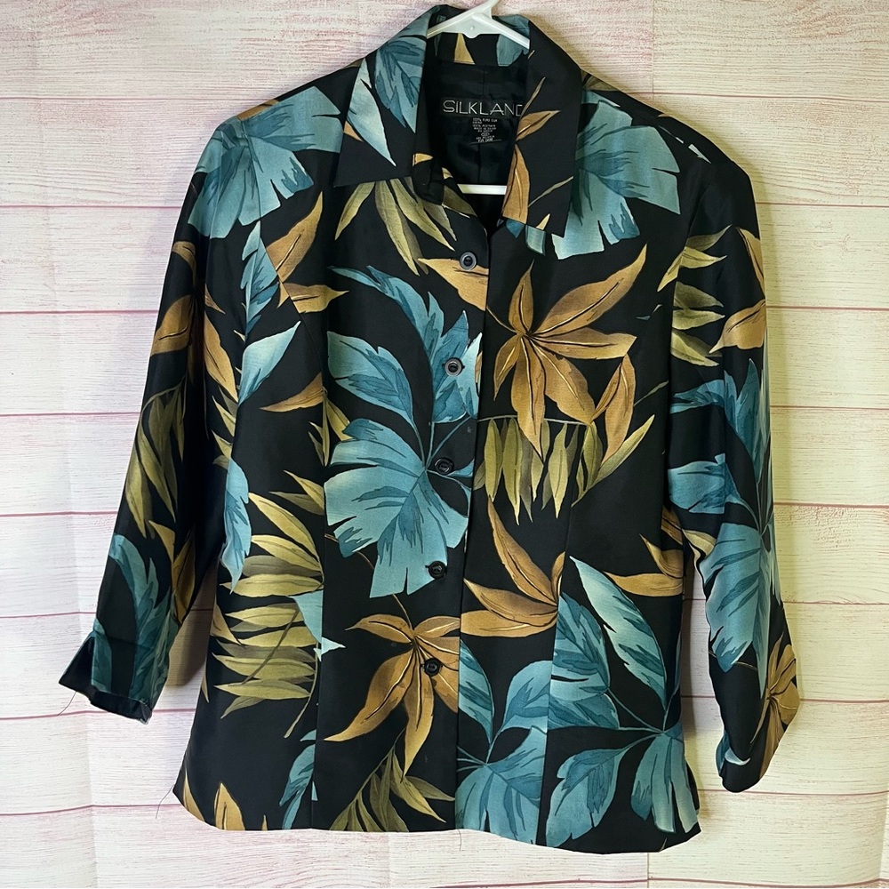 Silkland 100% Silk Floral Silk‎ Top Button Front  Shirt Size 10